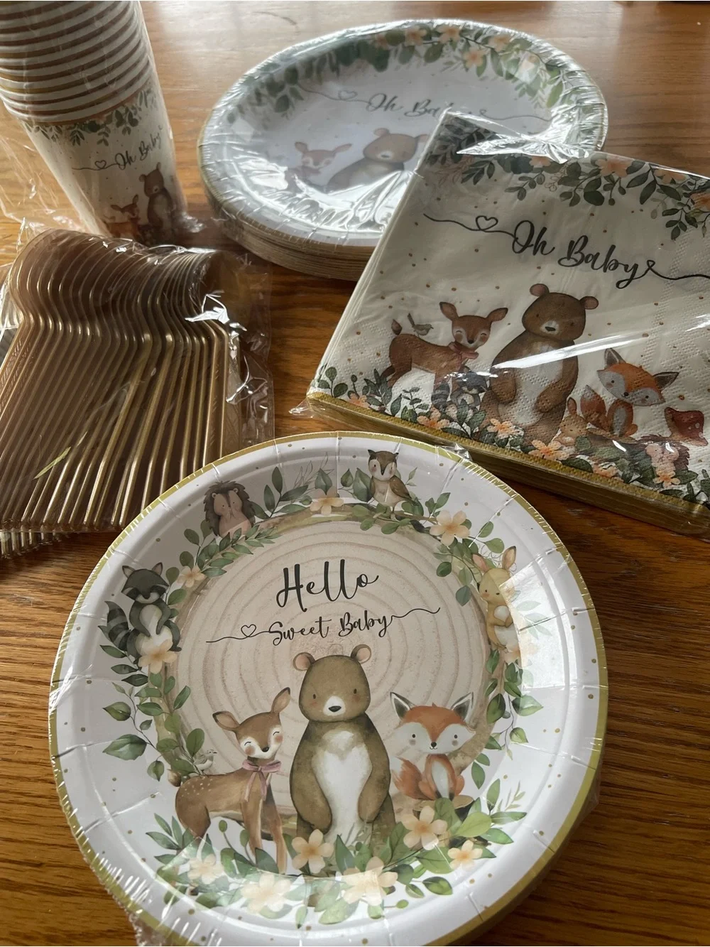 Woodland Baby Shower Paper Plates, Cops, Napkin Set - Green / Cream🌼